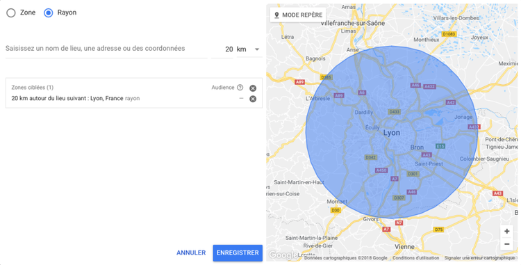 Carte Google avec cercle de rayon 20 km centre sur Lyon pour ciblage geographique
