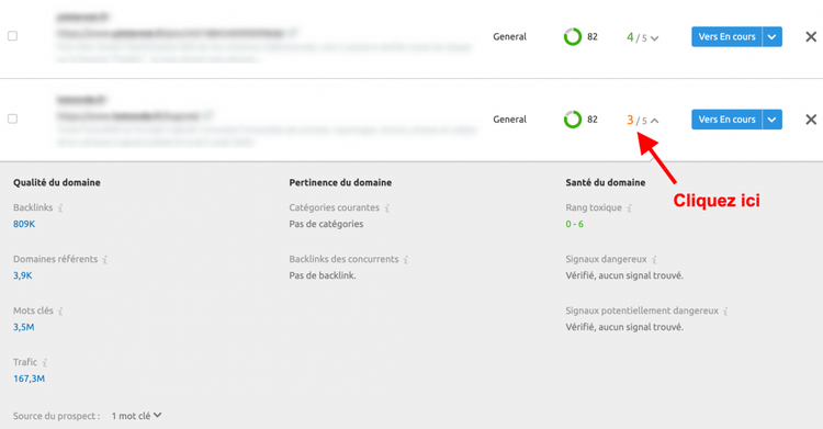 Outil Link Building Semrush montrant qualité domaine, performance, santé avec scores