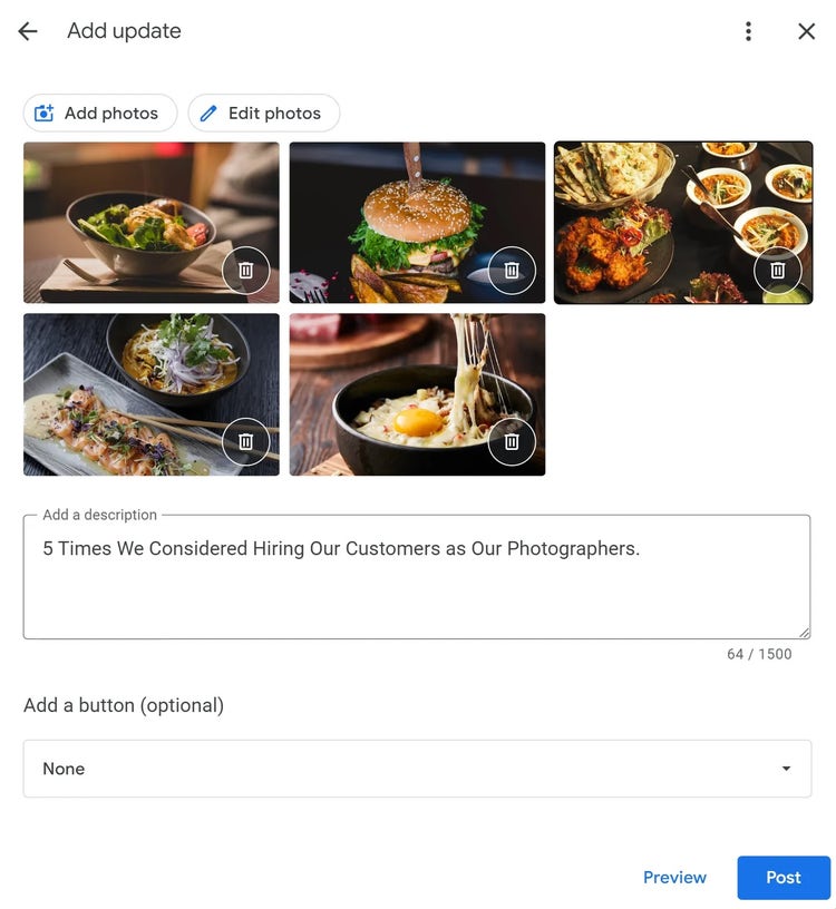 Création d'une mise à jour GBP avec du contenu généré par les utilisateurs et une description qui se lit comme suit : « 5 fois où nous avons envisagé d'embaucher nos clients comme photographes »