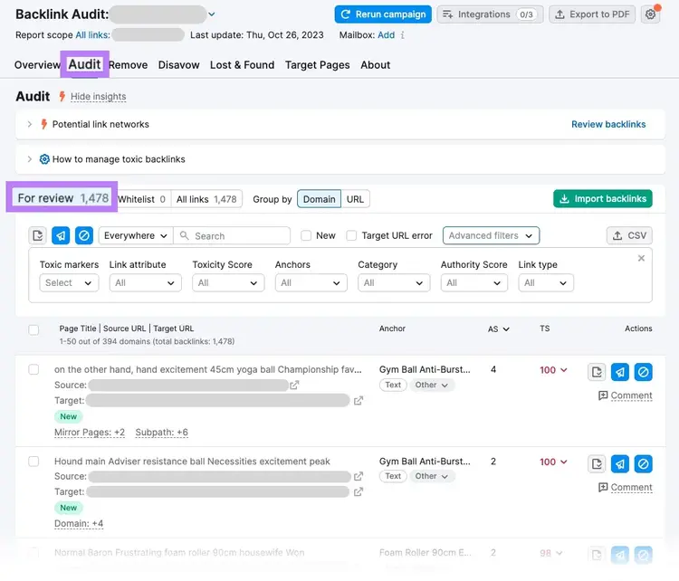 Rapport « Audit » dans l'outil Backlink Audit
