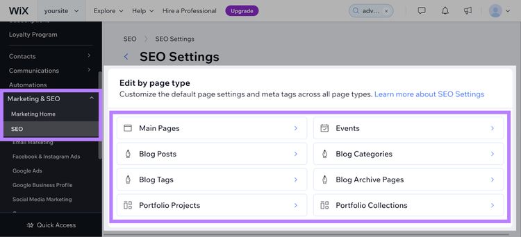 Section "Edit by page type" dans paramètres SEO de Wix