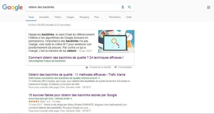 Résultats Google recherche obtenir des backlinks articles