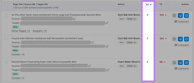 Colonne « AS » mise en évidence dans Backlink Audit
