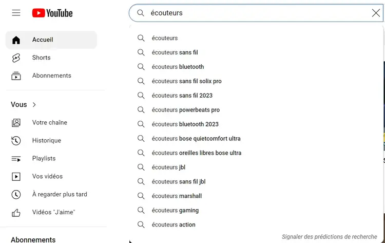 YouTube, fonction d'autocomplétion