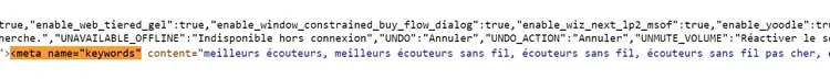 résultats pour une recherche <meta name="keywords" dans le code source HTML