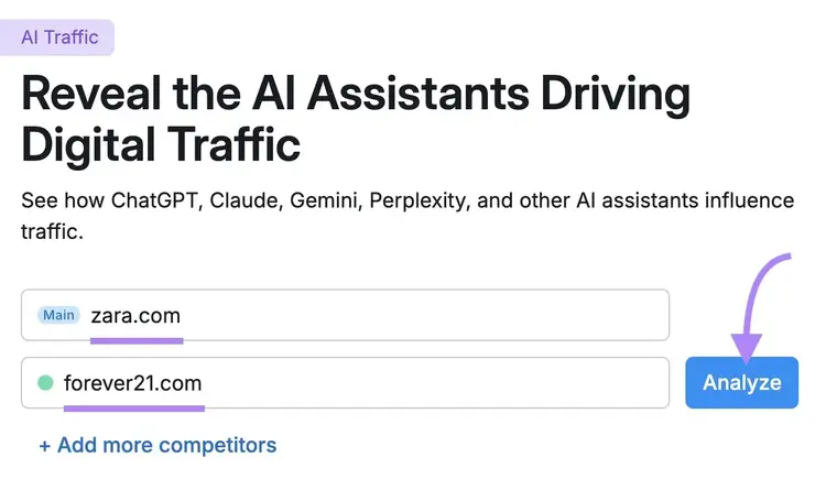L'outil AI Traffic commence par la saisie de deux domaines concurrents, puis en cliquant sur « Analyser ».