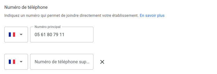 profil Google My Business, section Numéro de téléphone