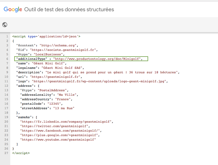 Google Structured Data Testing Tool affichant code JSON-LD d'exemple pour mini-golf Geant