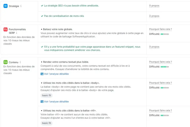 Exemples de conseils de On Page SEO Checker