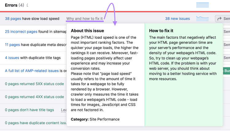 "Pourquoi et comment y remédier" pop-up dans Site Audit, expliquant un problème de vitesse de chargement HTML d'une page.