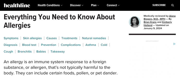 Article de Healthline intitulé « Tout ce que vous devez savoir sur les allergies »