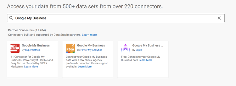 Interface Google Data Studio avec options de connecteurs pour Google My Business