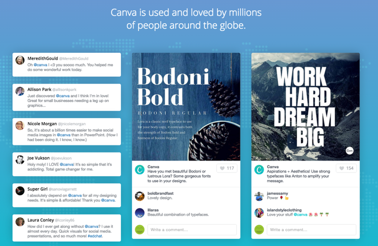 Preuves sociales Canva avec temoignages utilisateurs et exemples designs typographie