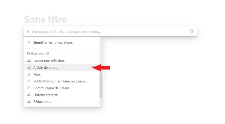 Notion, rédiger avec l'IA un article de blog
