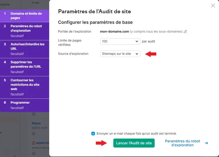 Paramètre de l'Audit de site avec la source d'exploration sur Sitemaps sur le site