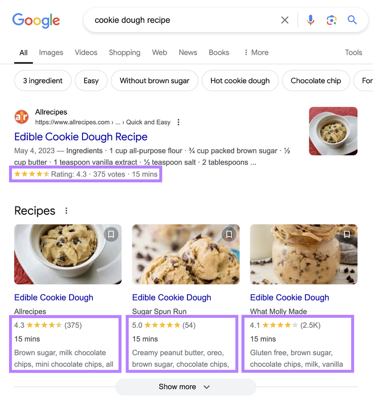 Résultats de recherche Google pour 'recette de pâte à cookies' avec des résultats enrichis sous forme d'évaluation