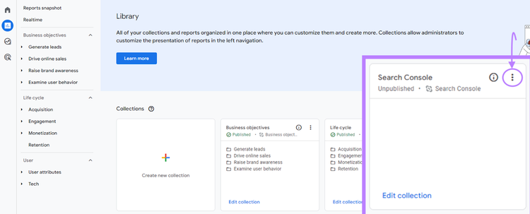 Widget "Search Console" mis en évidence dans la section “Collection" sous la page "Bibliothèque"