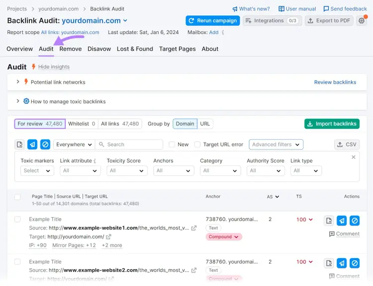 Tableau de bord "Audit" dans l'outil Backlink Audit