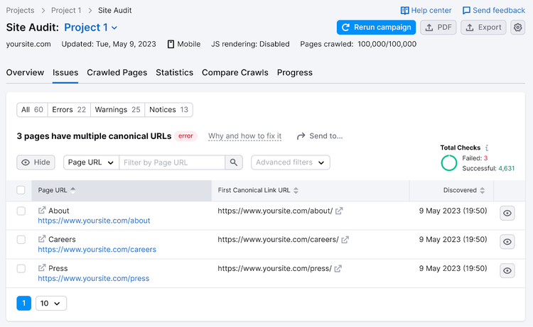 Pages avec plusieurs URL canoniques dans Audit de site