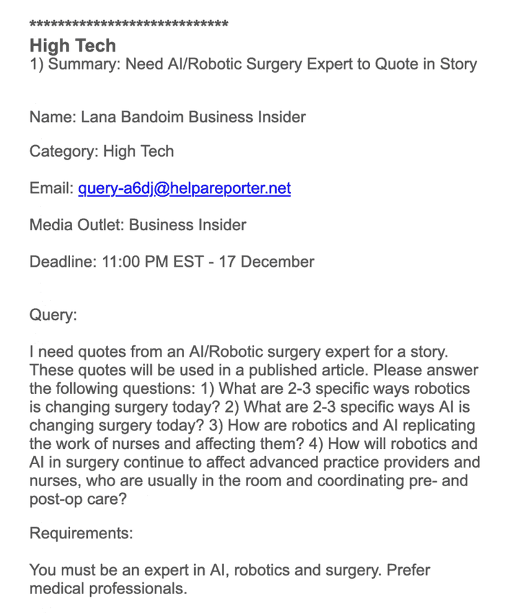 Un exemple de requête HARO recherchant des citations d'un expert en IA/chirurgie robotique pour un article.