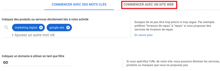 Keyword Planner de Google, commencer avec un site web