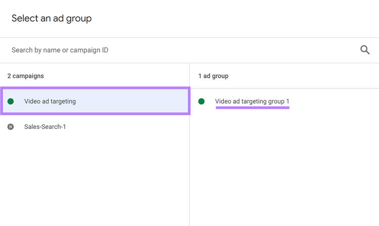 Campagne « Ciblage publicitaire vidéo » et « Groupe de ciblage publicitaire vidéo 1 » sélectionnés dans le tableau de bord