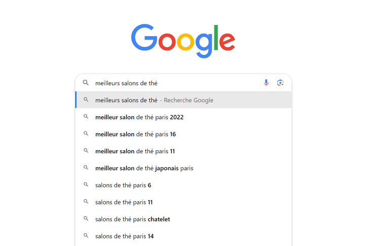 Fonction d'autocomplétion Google pour salon de thé à Paris