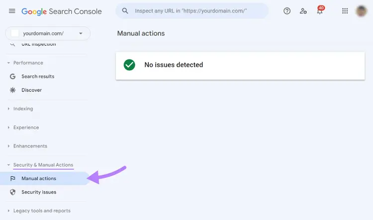 Page "Actions manuelles" dans la console de recherche Google