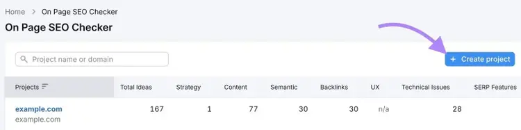 Page d'accueil de l'outil de vérification SEO On Page avec le bouton « + Créer un projet » cliqué.