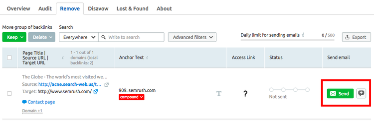 Interface Backlink Audit Remove affichant liste de backlinks avec options d'envoi email