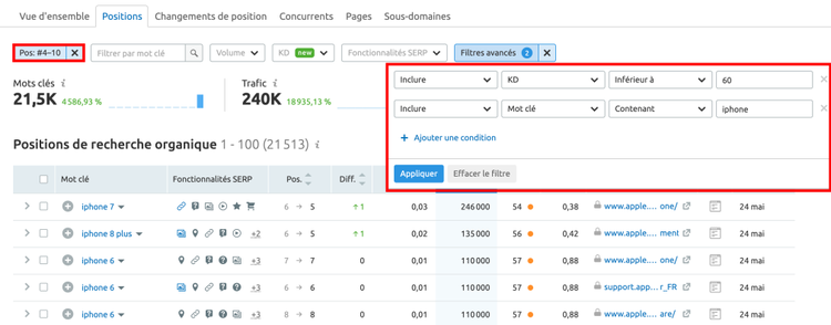 Semrush Organic Search positions filtrées KD et volume avec filtres avancés
