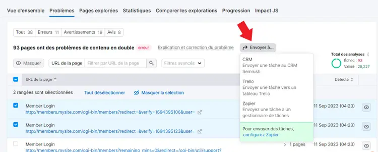 Bouton Envoyer à dans Audit de site