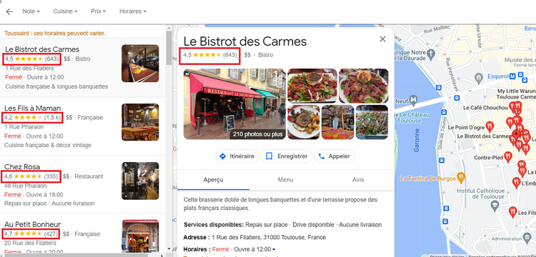 local pack, évaluation en étoiles
