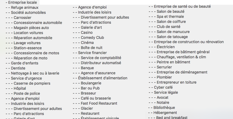 Liste d'categories d'entreprises en francais pour balisage schema: Entreprise locale, Societé, etc.