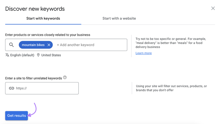 Découvre de nouveaux mots-clés pour "vélos de montagne" dans le planificateur de mots-clés de Google.