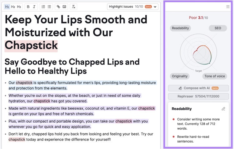 SEO Writing Assistant de Semrush avec un article chapstick évalué pour la lisibilité, le ton de voix, le SEO et l'originalité