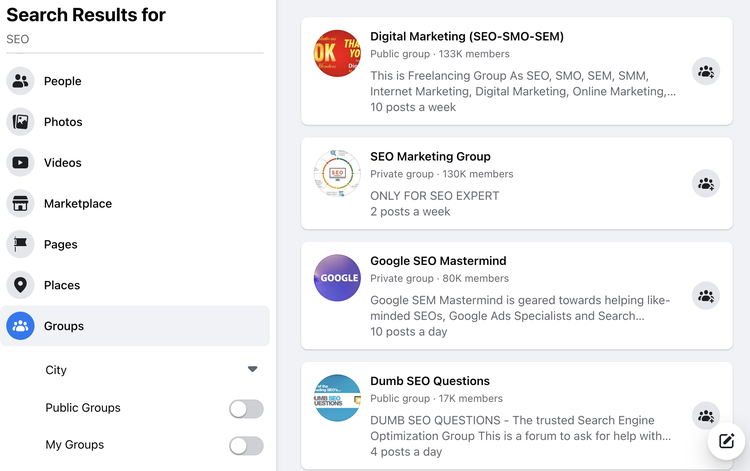 Recherche de groupes sur Facebook