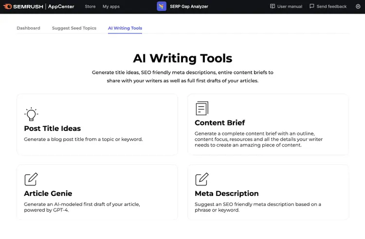 Page d'accueil de SERP Gap Analyzer pour les outils assistés par l'IA