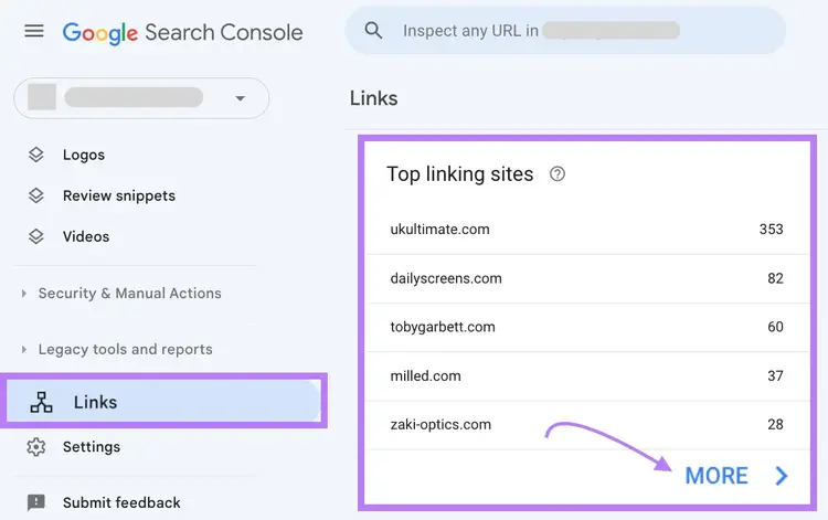 Section « Meilleurs sites de liens » dans Google Search Console