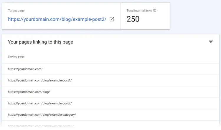 Section "Top pages linking to this page" du rapport "Internal links" (liens internes).