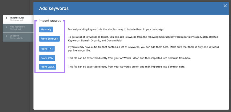sources d'importation dans ppc keyword tool