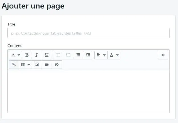 Formulaire Shopify ajouter page avec titre et contenu