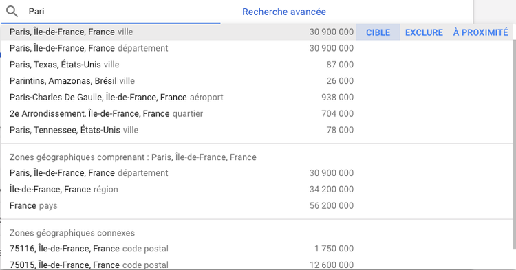 Resultats recherche Google Ads pour 'Pari' affichant suggestions zones Paris et resultats
