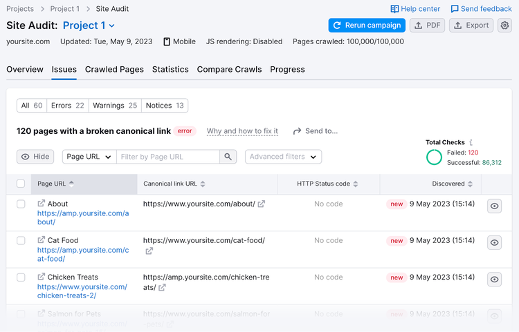 Page avec un lien canonique rompu dans Audit de site