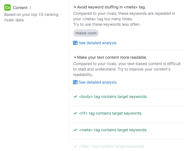 Vue rapprochée des idées d'optimisation de contenu.