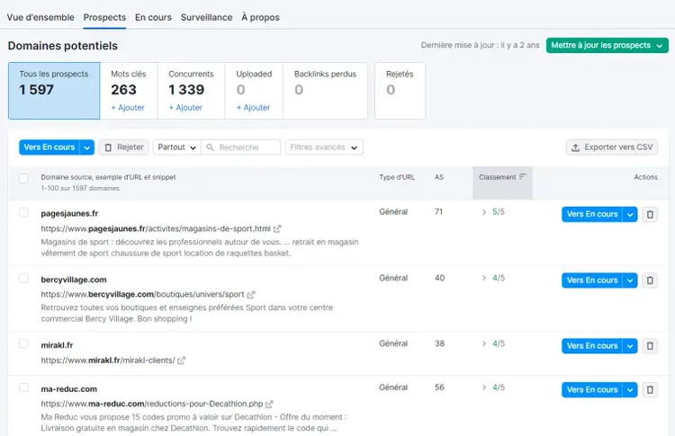 Liste de prospects pour des backlinks dans Link Building Tool