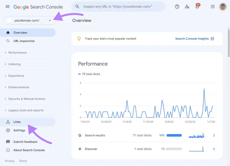 Naviguer vers "Liens" dans le menu de la console de recherche Google.