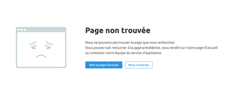 Erreur 404 page non trouvée avec icône visage triste et boutons navigation