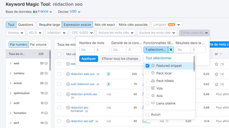 Keyword Magic Tool, Filtre featured snippets