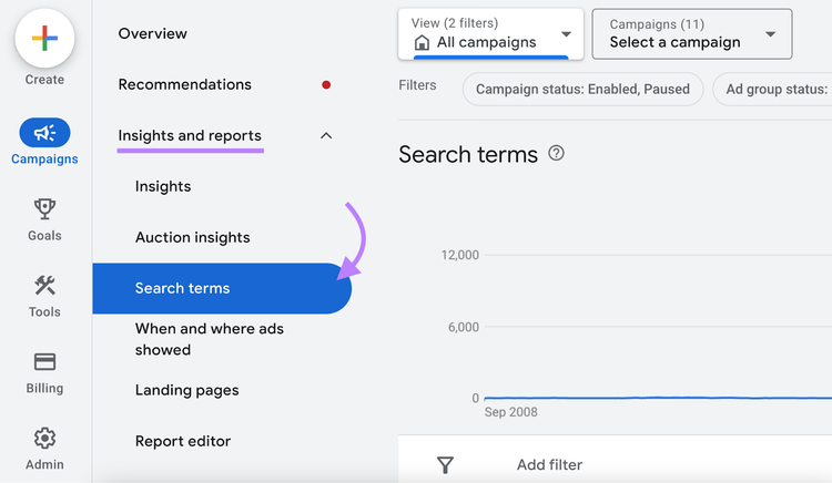 en naviguant vers "Termes de recherche" dans le menu de gauche de Google Ads